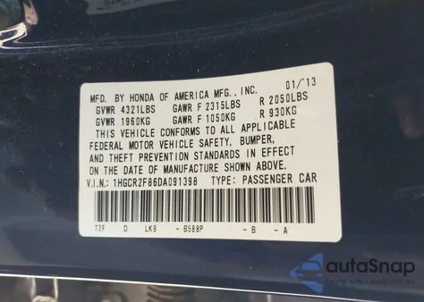 2013 Honda Accord Sdn Ex-L z USA, uszkodzony, nr VIN 1HGCR2F86DA091398